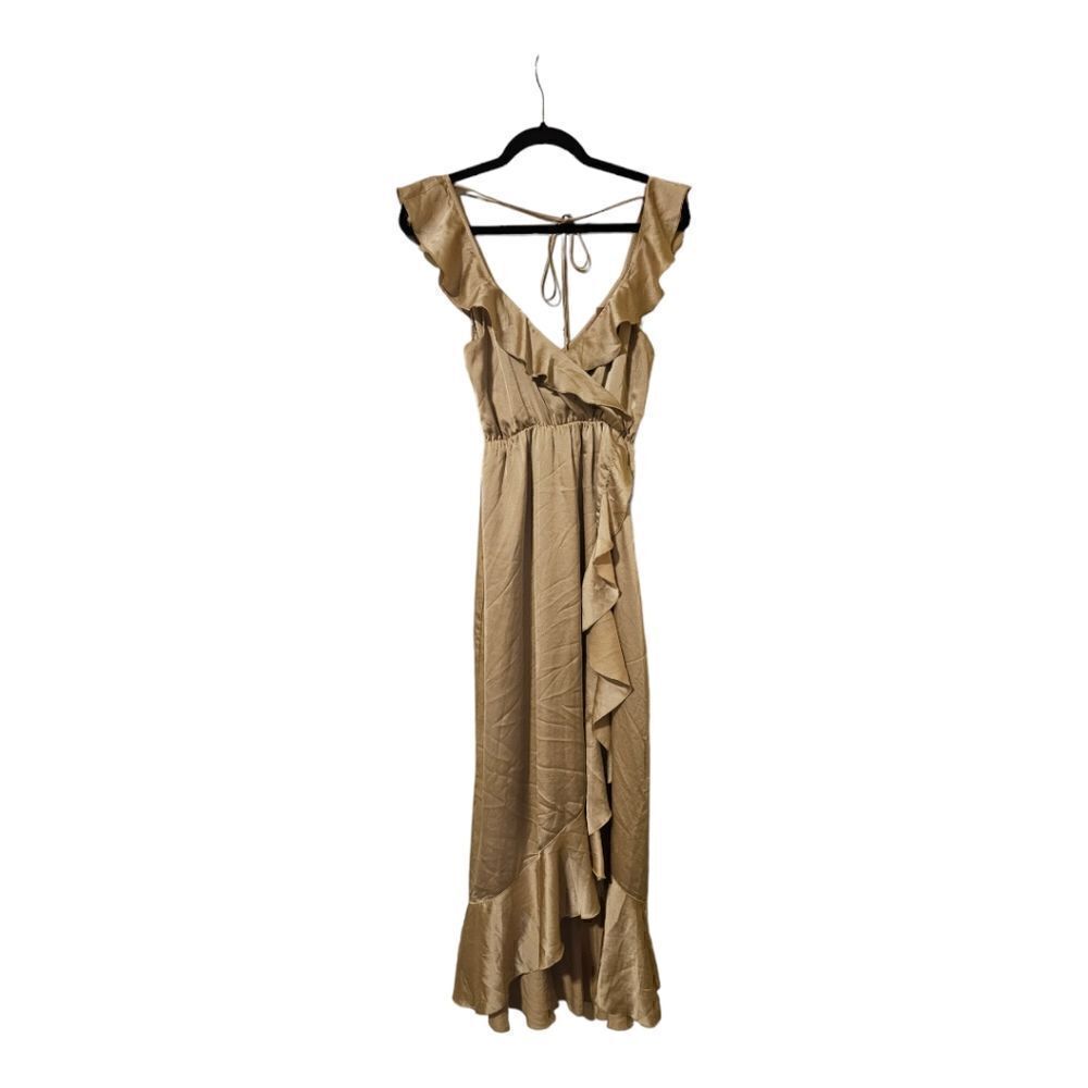 SHOW ME YOUR MUMU Samantha‎ Ruffle High Low Wrap Dress Champagne Satin - Size S
